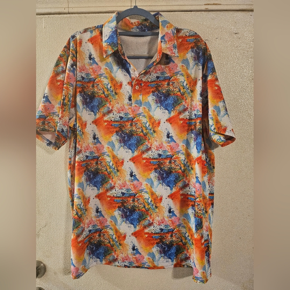 HRESKI Golf Polo Short Sleeve‎ Shirt Colorful Abstract Paint Disco Men’s Size XL
